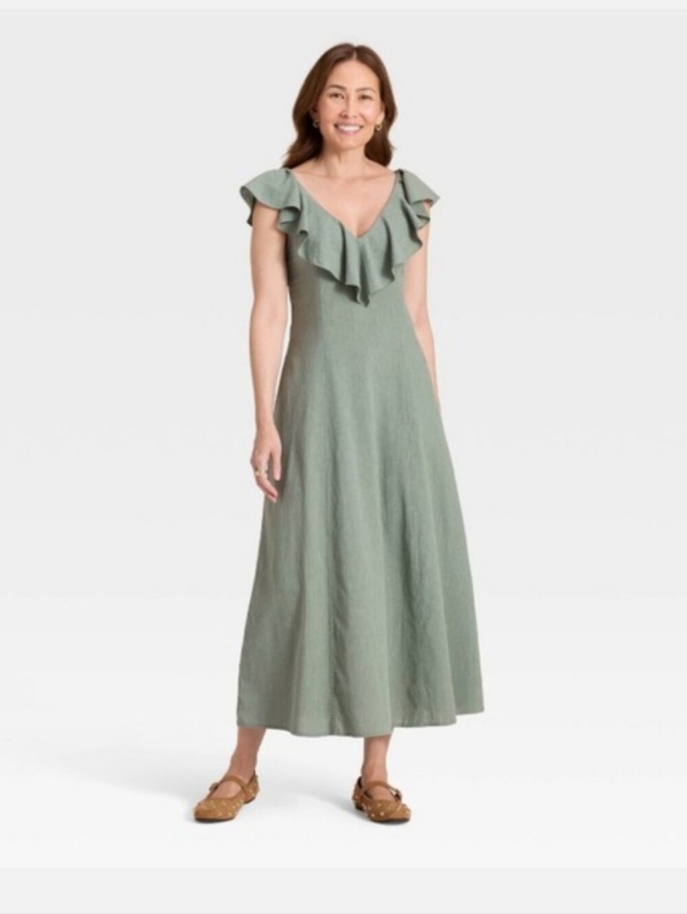 NWT Universal Thread Green Ruffle Midi Dress Large Cotton Blend
